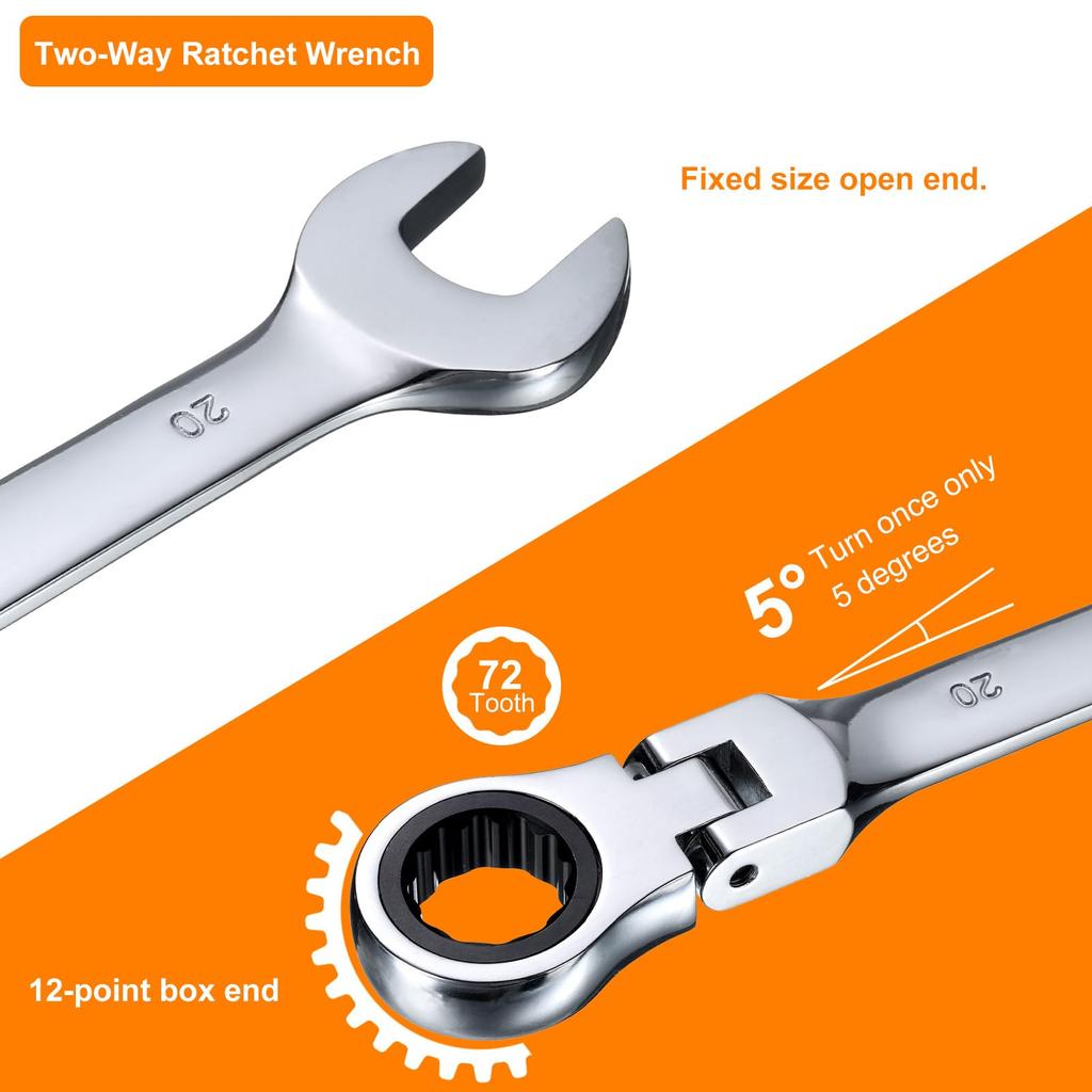 Uxcell 20mm Flex Head Ratchet Rotating Metric Ratchet Combination 72 Chrome Vanadium Ratchet for and Bolts Wrench, 180° Head, Wrench, Teeth, Steel,