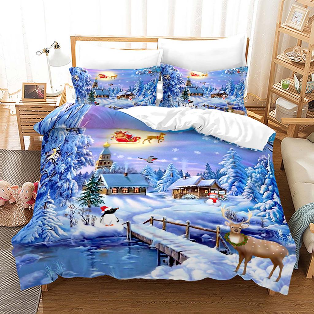 Red Christmas Duvet Cover Queen King Size Santa Snowman Bedding Set Microfiber Cartoon Cotton Quilt Cover With 2 Pillowcases