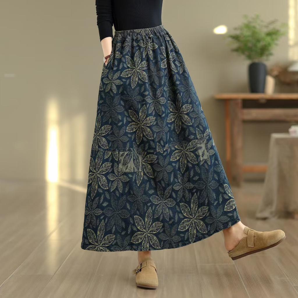 DIMANAF 2025 Summer Spliced Denim skirt Women New Skirts Elastic Elegant Flower Pleated Skirts High Waist