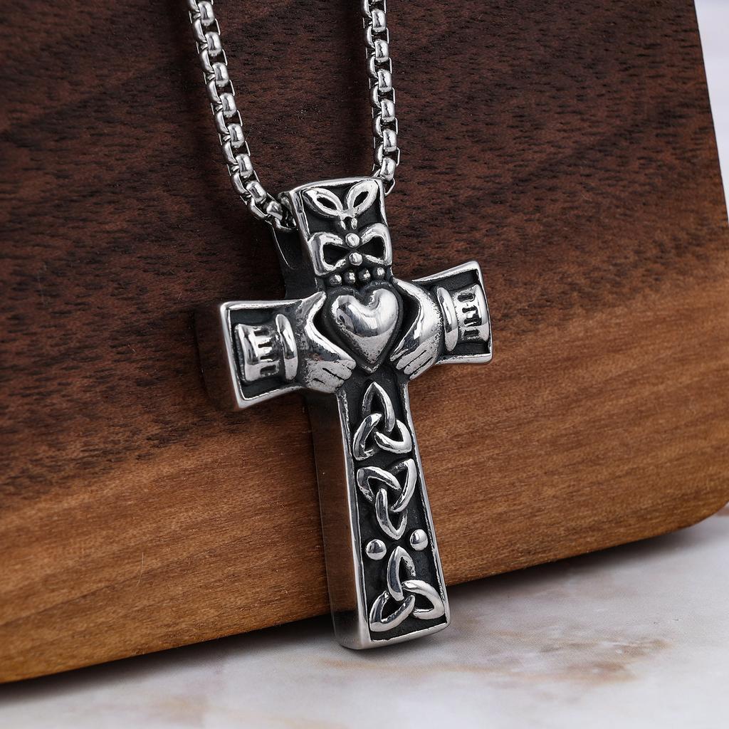Cool Stainless Steel Irish Celtic Trinity Knot Claddagh Cross Pendant Necklace