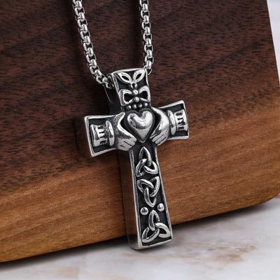 Collier Pendentif Croix Claddagh Nœud de la Trinité Celtique Irlandais en Acier Inoxydable Cool