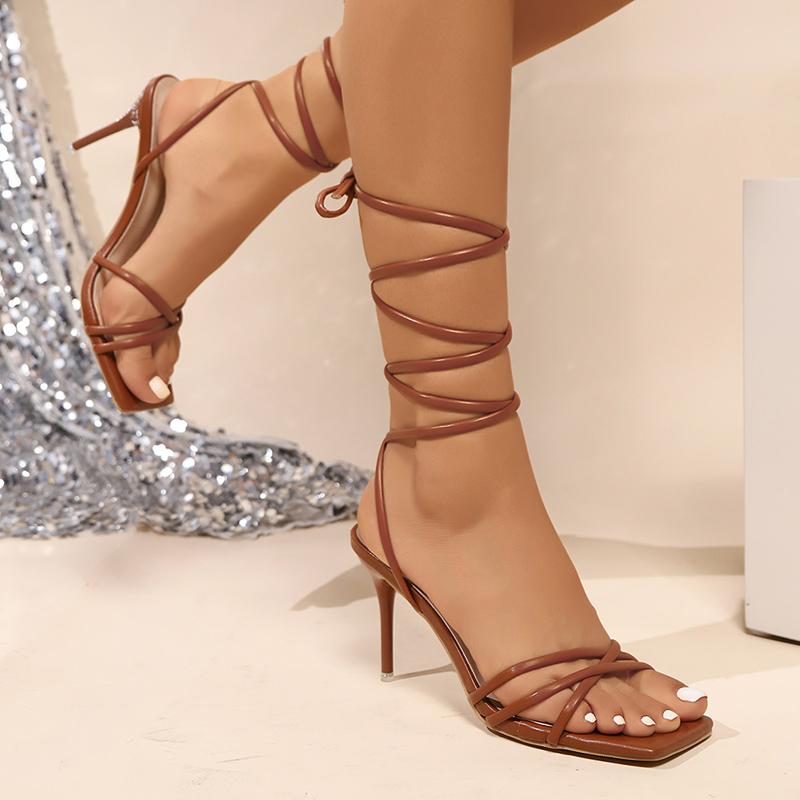Brown Pu Sexy Lace Up Sandals Women 2025 Summer Super High Heels Ankle Strap Sandals Women Cross Strap Square Toe Party Shoes