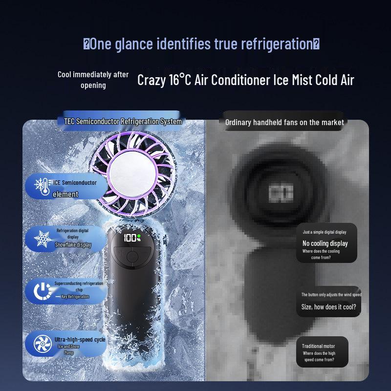 Handheld Mini Portable Fan with Long Battery Life, USB Charging, Cooling Ice Pack, and Foldable Design.