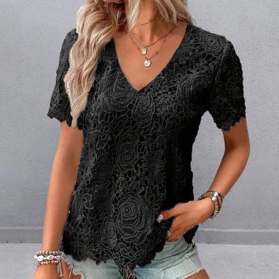 Women Summer T-shirt V-neck Short Sleeve Casual Tee Shirt Hollow Embroidery Lace Pullover Tops Streetwear
