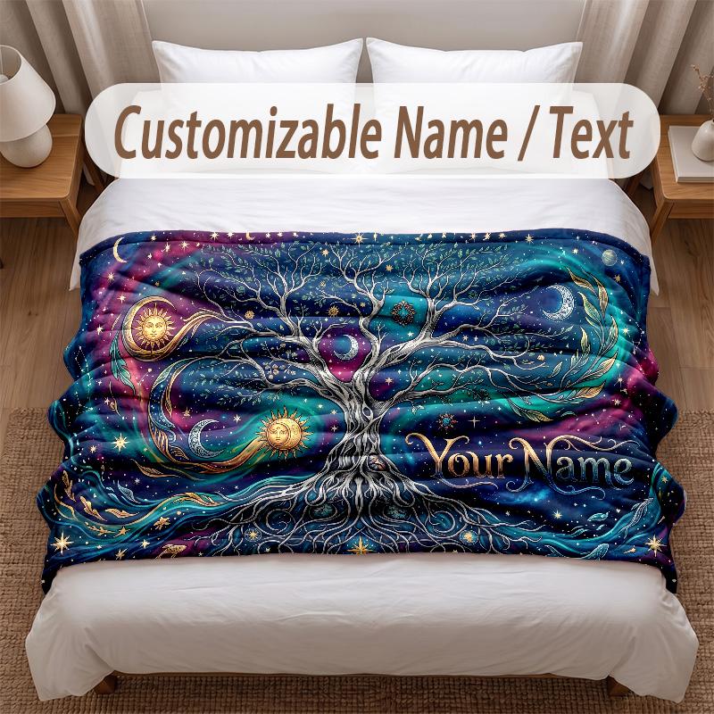 Tree of Life Theme Soft Blanket Personalized Custom Name Text Print Warm Blanket Home Sofa Bedroom Decor