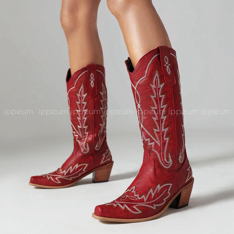Fashion IPPEUM Red Western Cowboy Boots For Women Embroidered Pointed Toe Shoes Free Shipping Knee High Wide Calf Cowgirl Boots