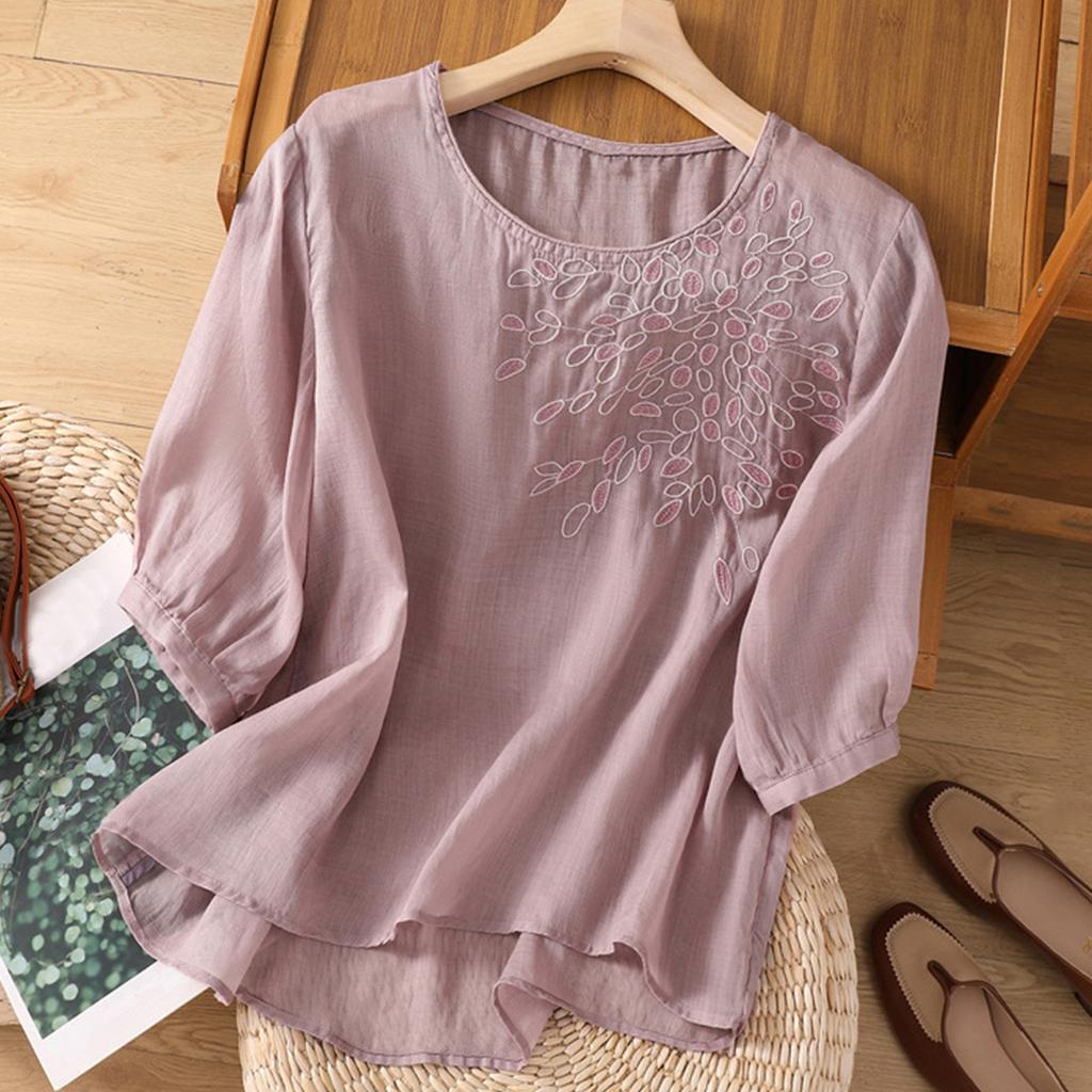 Women's Solid Color Cotton And Linen Short-sleeved Embroidered Retro Breathable T-shirt Round Neck Top