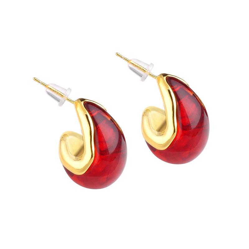 Gold-Tone Marbled Resin Drop Earrings - Burgundy & Red Hand-Sculpted Canvas Texture for Bold Women's Art Jewelry