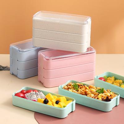 1pc 3-layers Wheat Straw Lunch Box With Dinnerware Detachable Microwavable Hermetic Bento Box For Adults School Office
