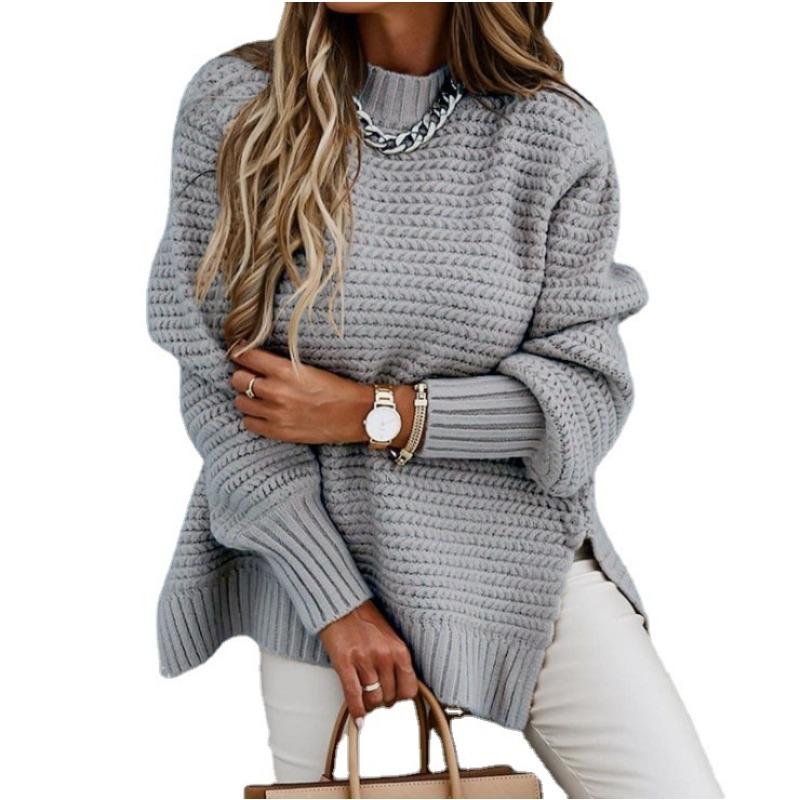 Autumn Half-high Collar Loose Solid Color Long-sleeved Side Slit Knitted Sweater Women
