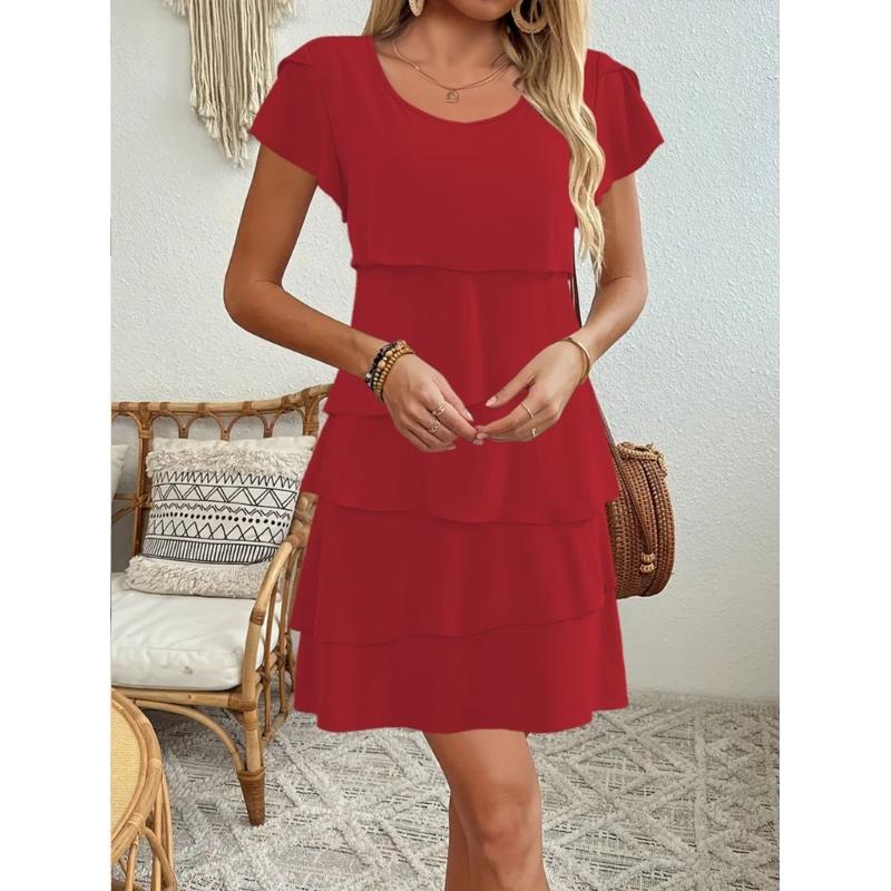 Women's Short Sleeve Crew Neck Ruffle Tiered Layered Flowys Swing Long Midi Dress Summer Dresses Casual Loose Dresses