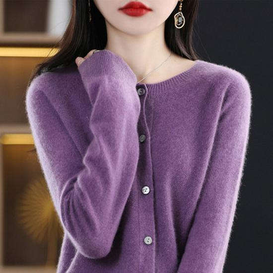 Women's Seamless Round Neck 100% Pure Wool Cardigan for Spring & Autumn