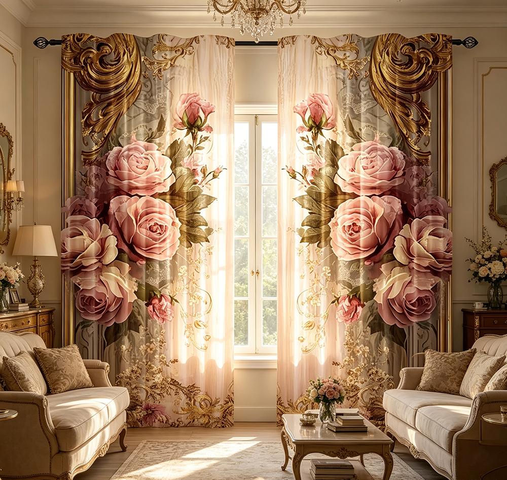 2PCS Digital Printed Curtains with Rose Manor Design, Stylish Window Drapes for Living Room Bedroom Home Decoration and Kitchen