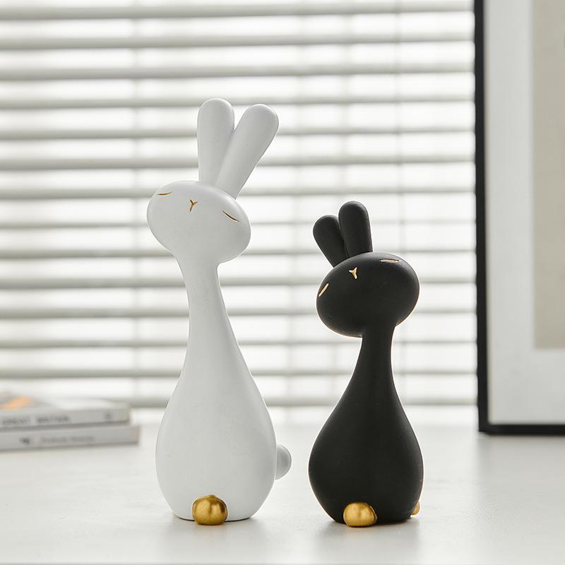 Black and White Rabbit Desktop Small Ornament Resin Handicrafts Office , Living Room Decoration Creative Soft Decoration