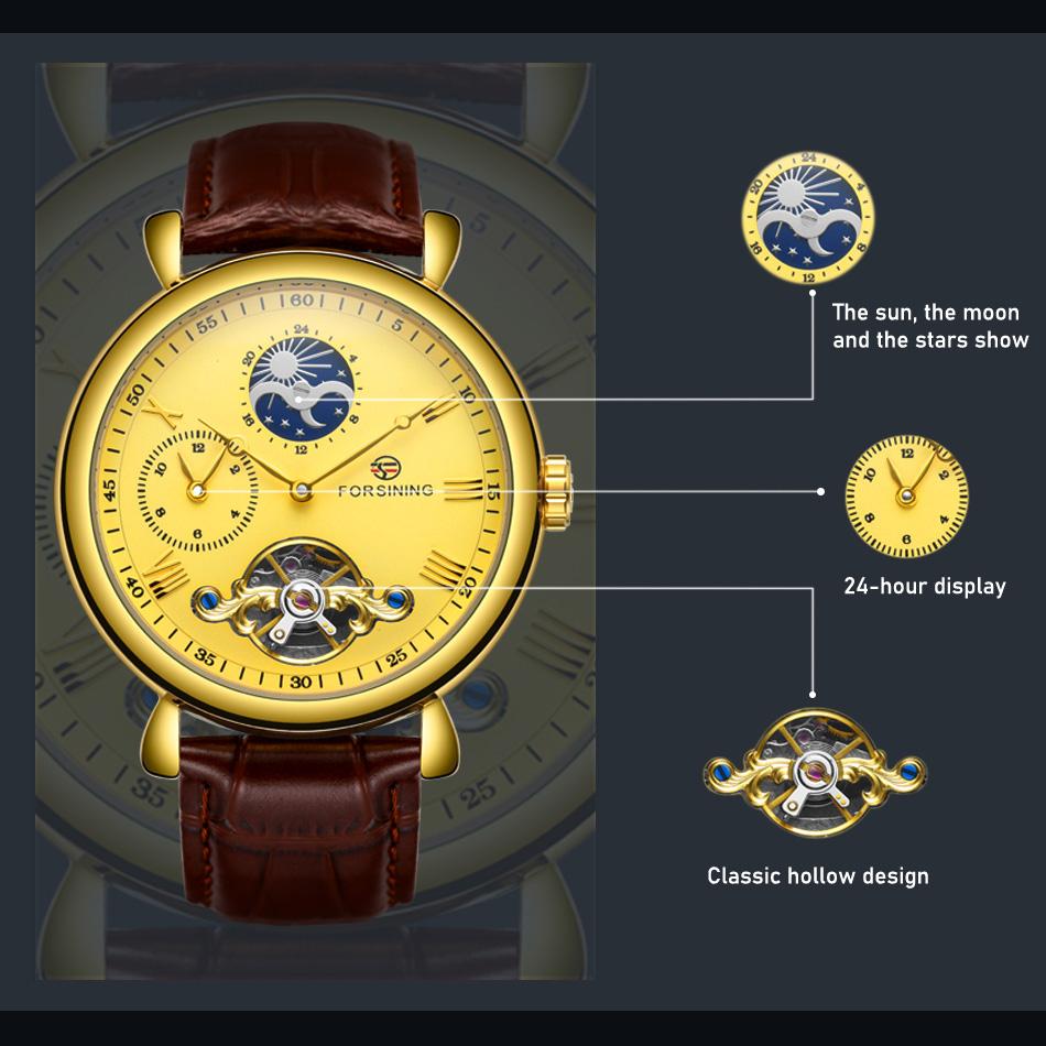 Köp FORSINING Fashion Dual Time Zone Design Automatic Mechanical Mens Watch Leather Strap Moon