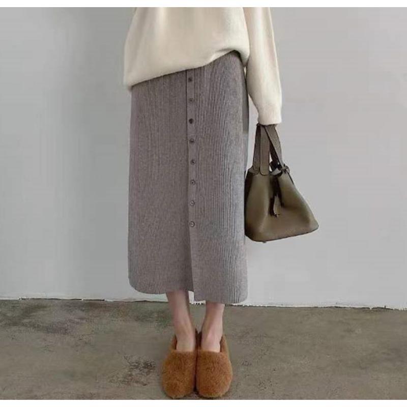 High Waisted Knitted Midi Skirt for Women Autumn New Style Front Slit Mid Length Loose Knitted Skirt
