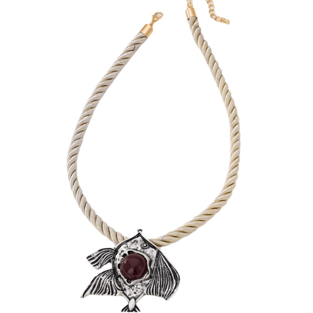 

Boho Zinc Alloy Fish Pendant Necklaces Adjustable Length Colorful Bead Twisted Rope Chain Vintage Necklace Vacation Beach серебряный