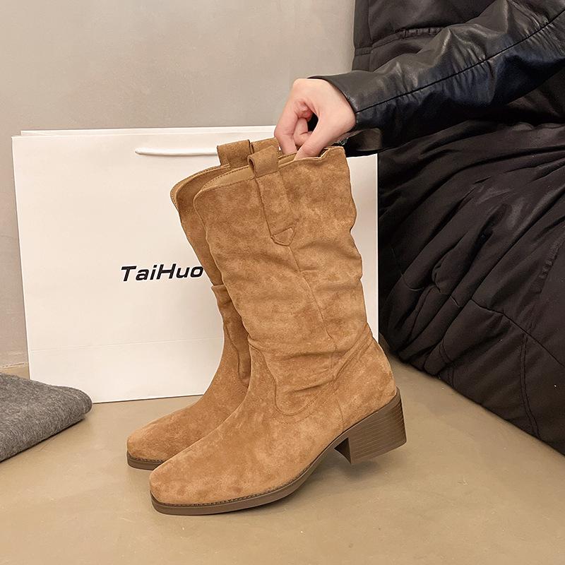 Braune Stiefel Damen 2025 Herbst neue dicke Absätze Wildleder hohe Ritterstiefel Mode Explosion Western Stapelstiefel