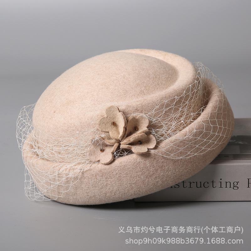 British retro three-dimensional flower beret elegant mesh painter hat women's autumn and winter warm Australian wool felt hat