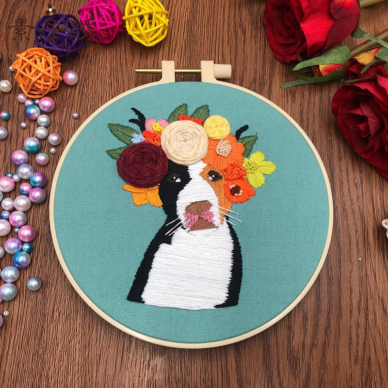 Dog Embroidery Kit for Beginenrs Hand Sewing with Flower and Dog Pattern Kit with Colourful Threads Needles Instructions
