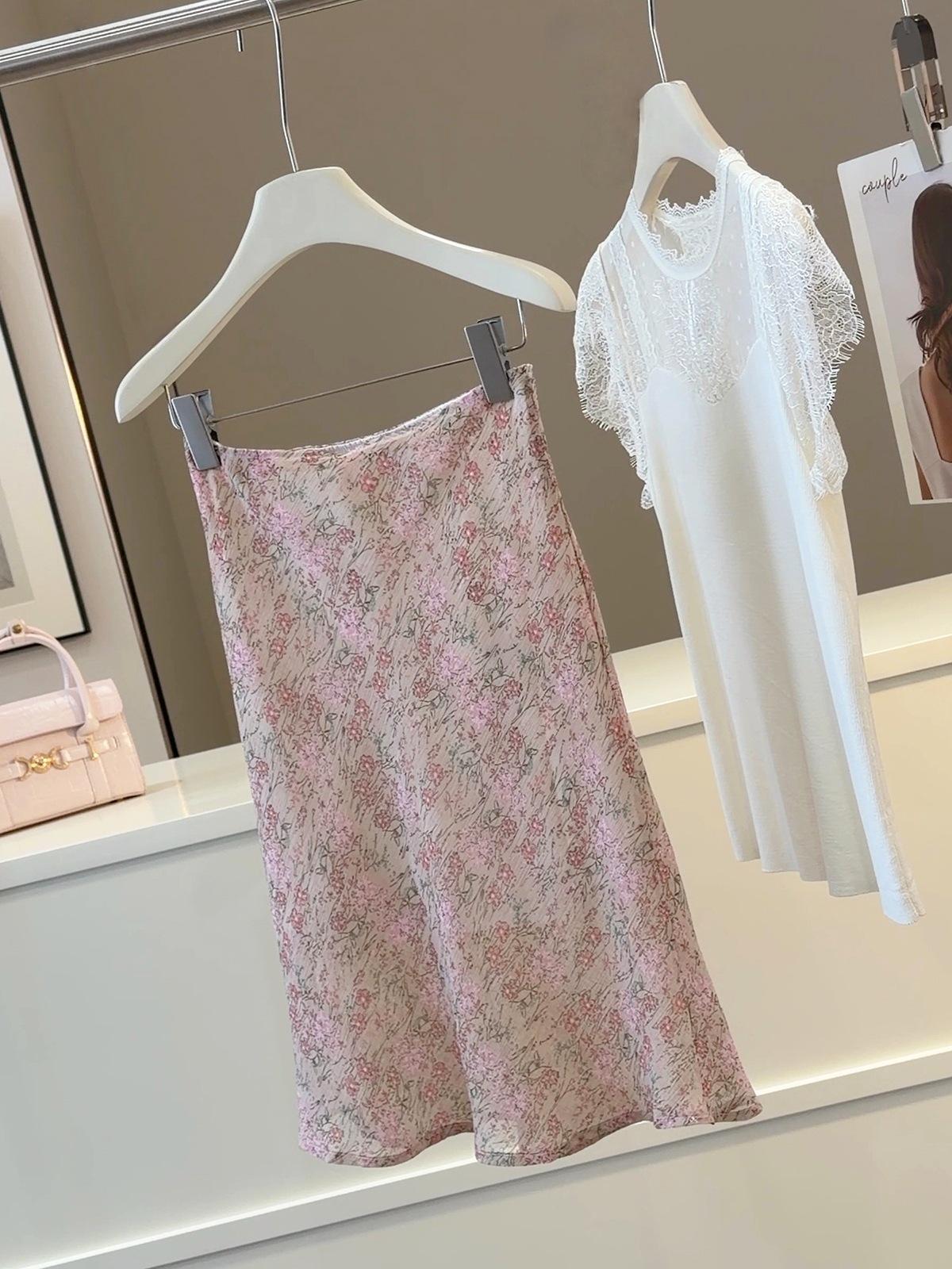 Women s High Waist Midi Skirt A Line Flare Fit Korean Casual Pink Floral Chiffon Mini Skirt M