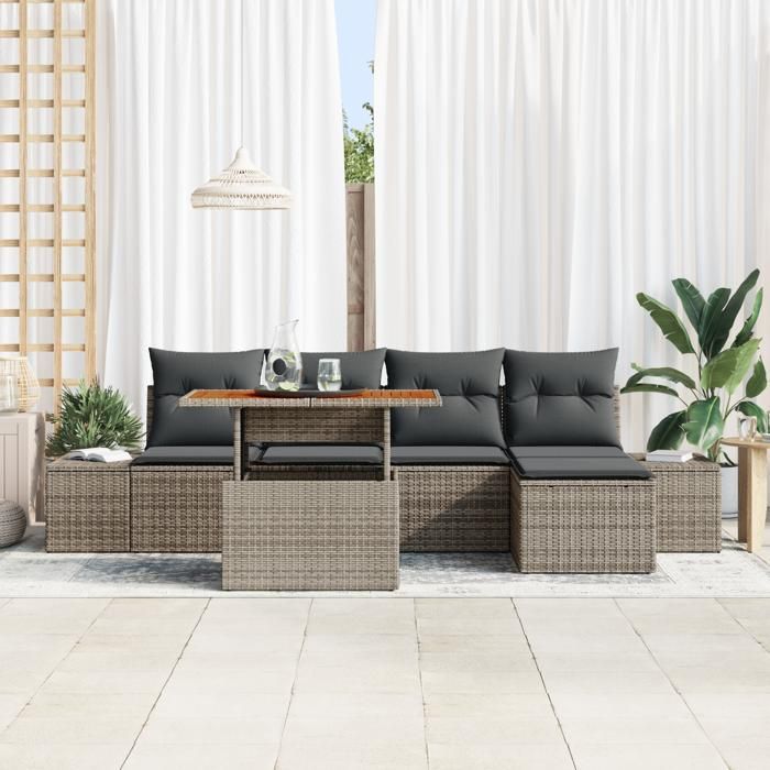 VidaXL Ensemble de Canapés de Jardin de 6 Pièces avec Coussins Gris Rattan Poly 3358687