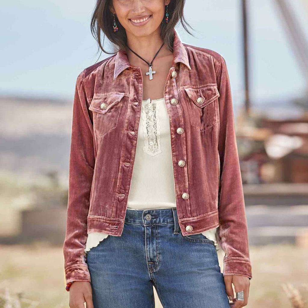 Women's Velvet & Denim Cropped Jacket with Notched Lapel, Button Front, and Chest Pockets - Multiple Colors