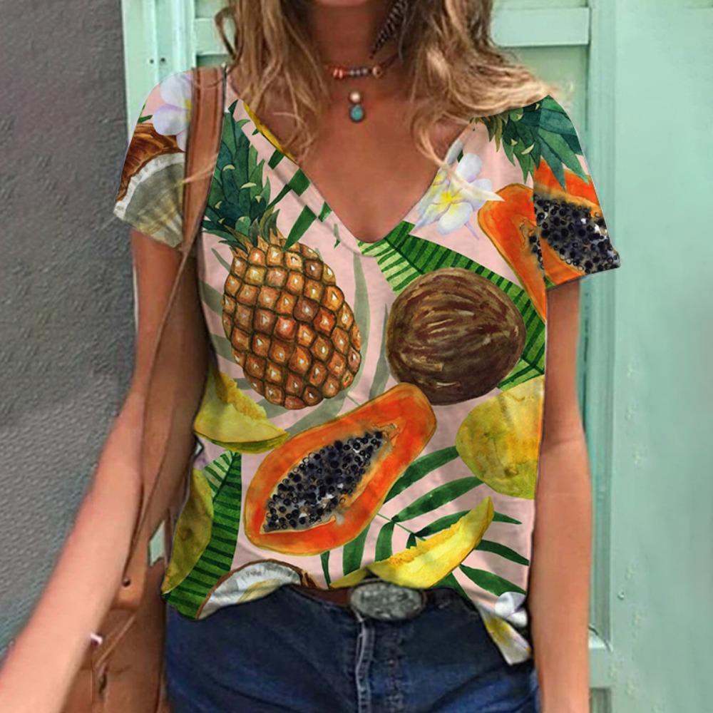 Tropical Plant Fruit 3D Printing T-shirt Summer Women's V-neck T-shirt Street Women's Clothing
