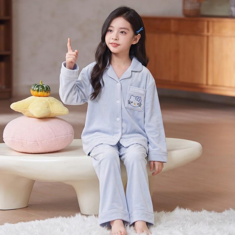 Girls Long Sleeve Cartoon Pajama Set Soft Warm Fleece Sleepwear Home Casual Wear