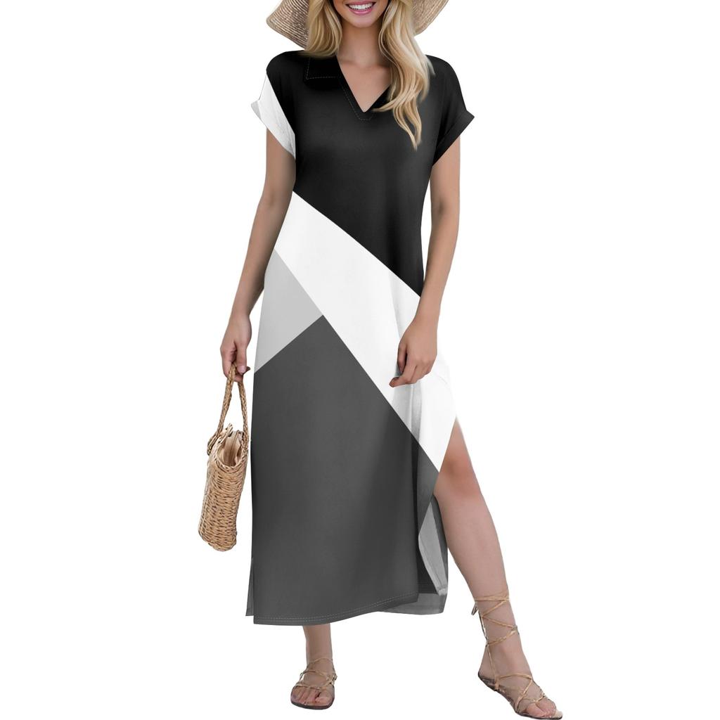 Women's Casual Comfortable V Neck Loose Hem Split Vacation Short Sleeve Geometric Long Dresses