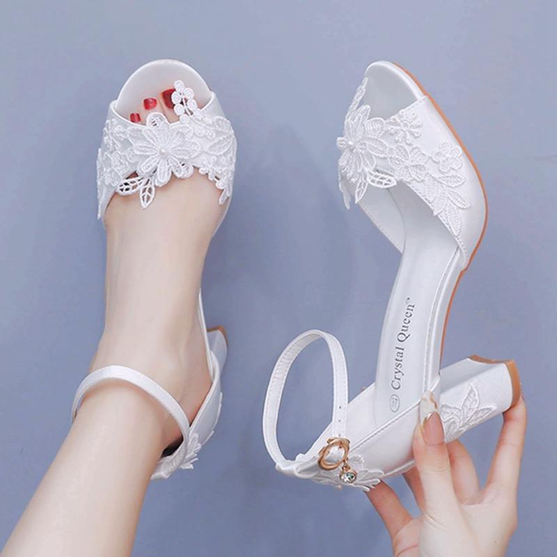 Women White Silk High Heels Summer Peep Toe Buckle Strap Bridal Wedding Dress Sandals
