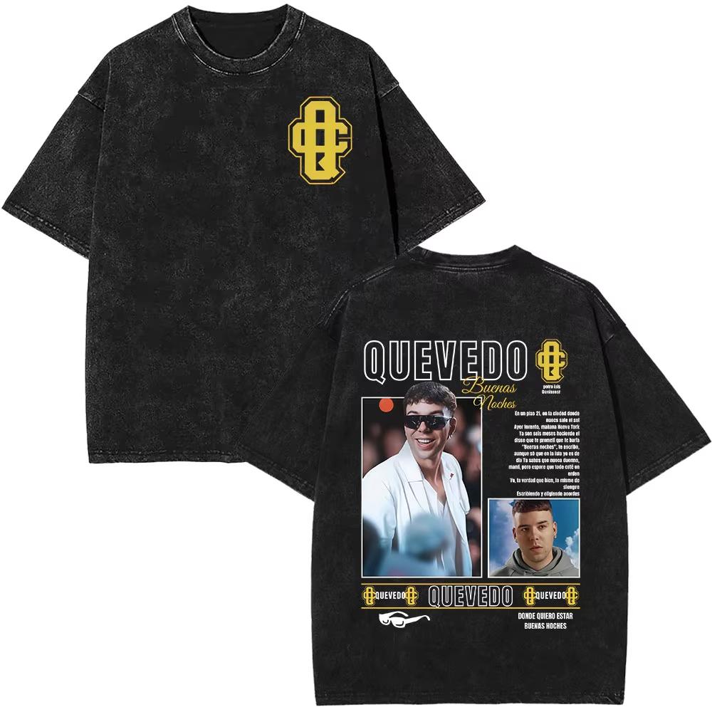 Rapper Quevedo Buenas Noches Vintage Washed T Shirt Mens High Quality Short Sleeve Tshirts Fashion Oversized Harajuku Tshirts