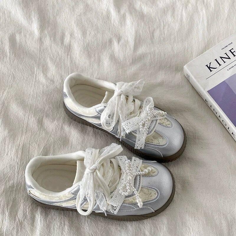 Lace Dexun Shoes for Women, Summer New Popular Mesh Breathable Sneakers, Pearl Belt Silver Dad Shoes