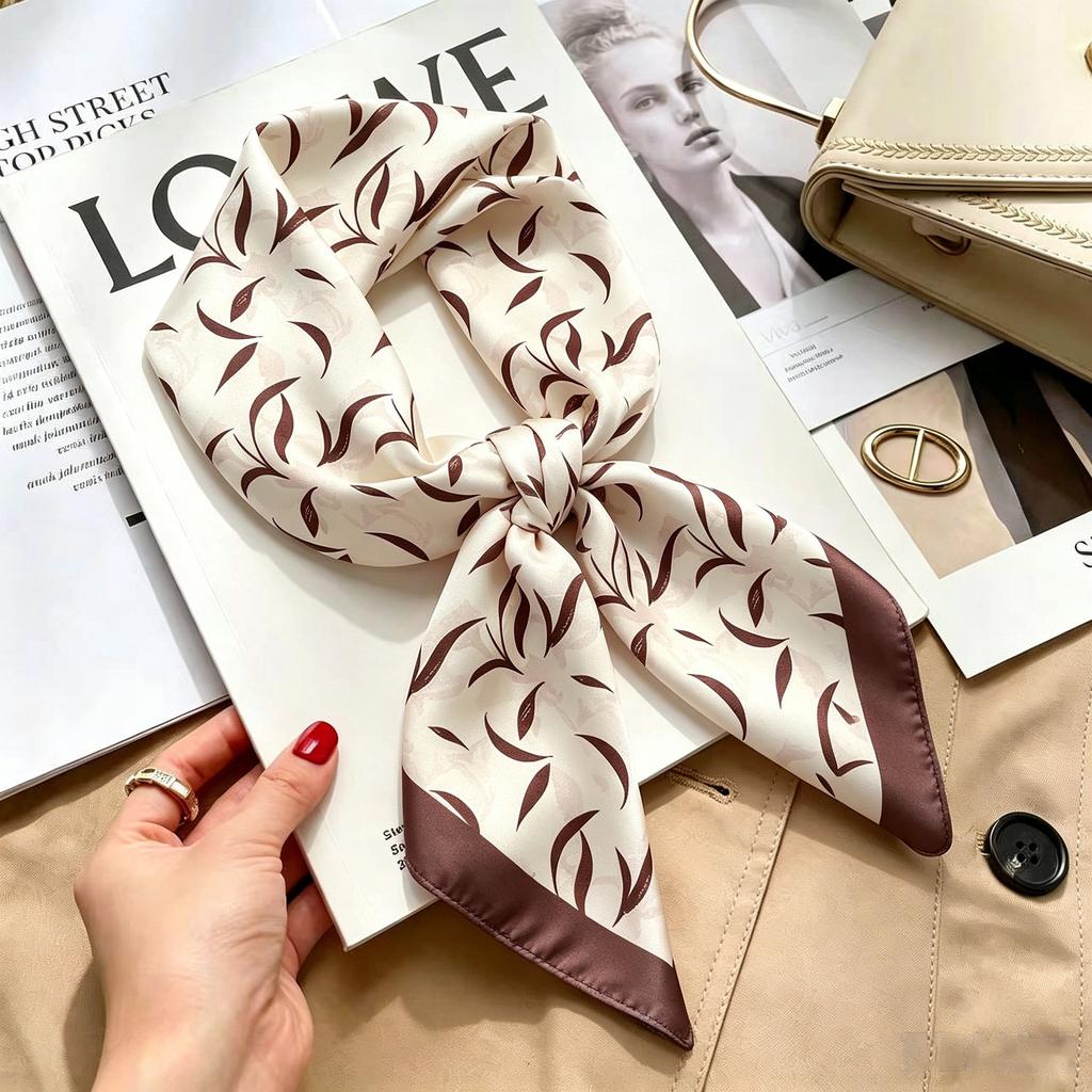 Commuter elegant flower silk scarf women's contrasting color retro printing satin scarf shirt with multi-purpose decorative small scarf