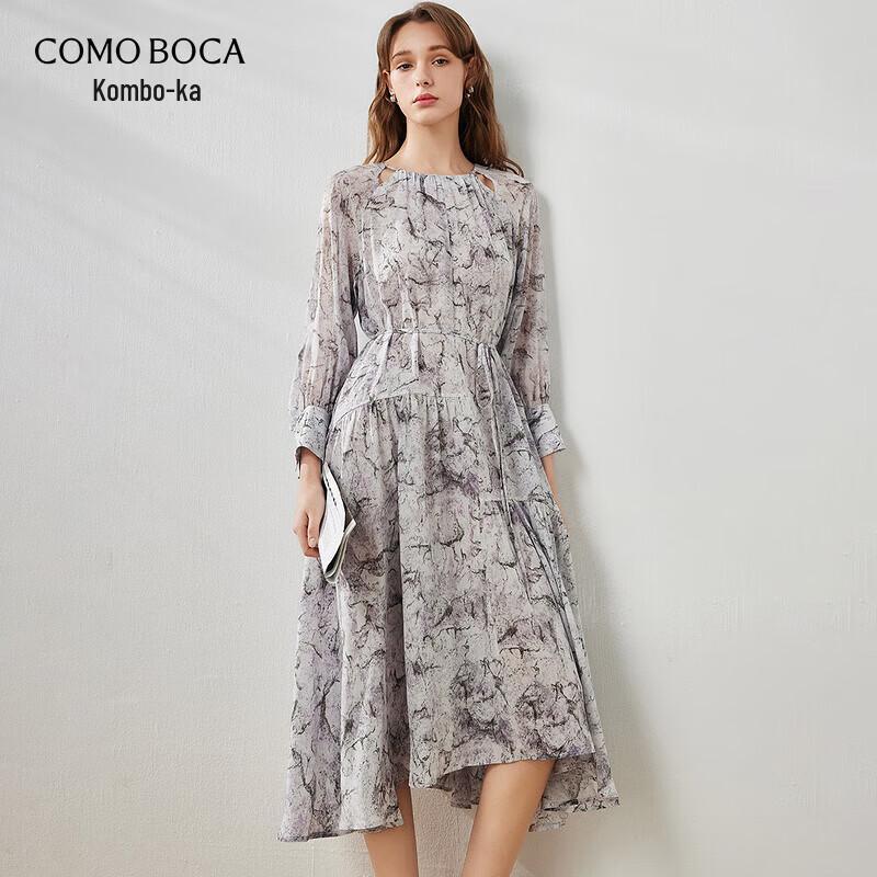 Women s Mulberry Silk Artistic Print Long Sleeve Tie-Waist Dress M