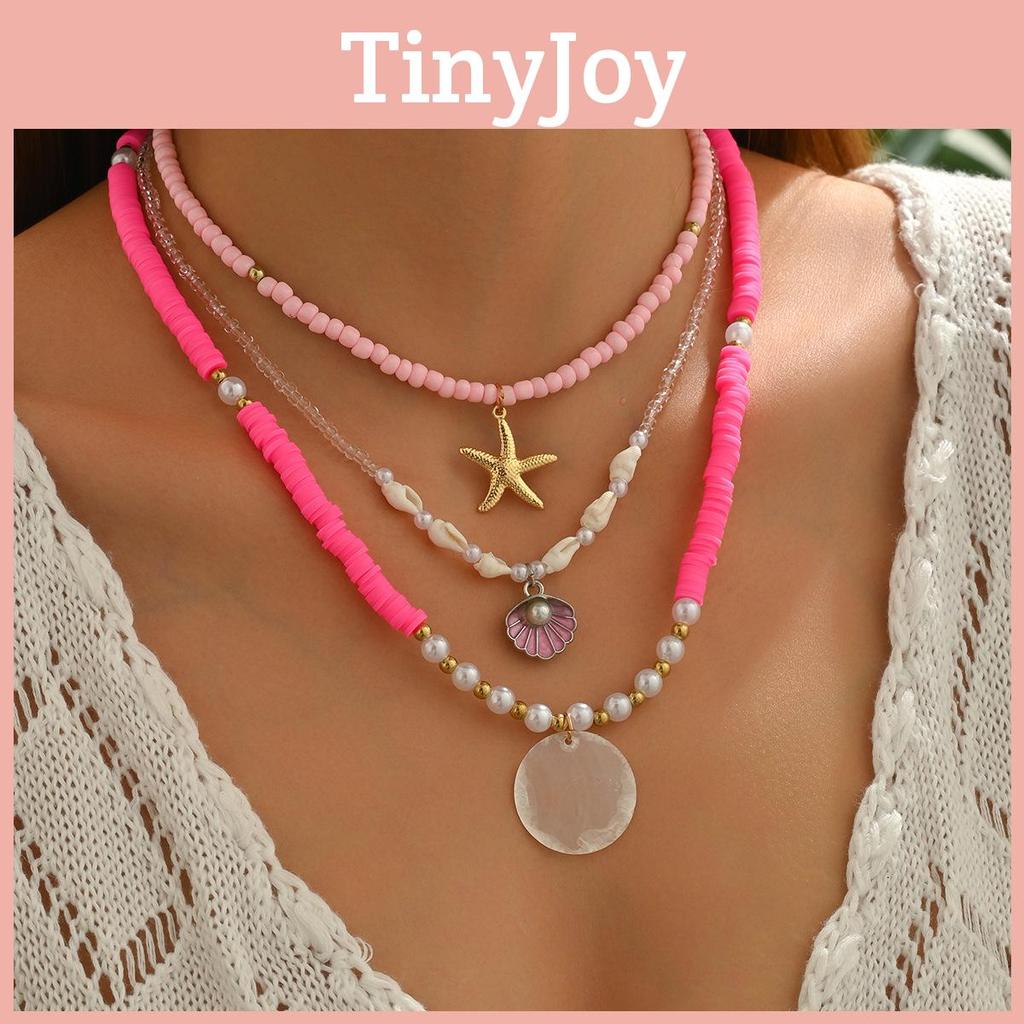 Soft Clay Layered Necklace With Shell Beads And Starfish For Women Summer Style