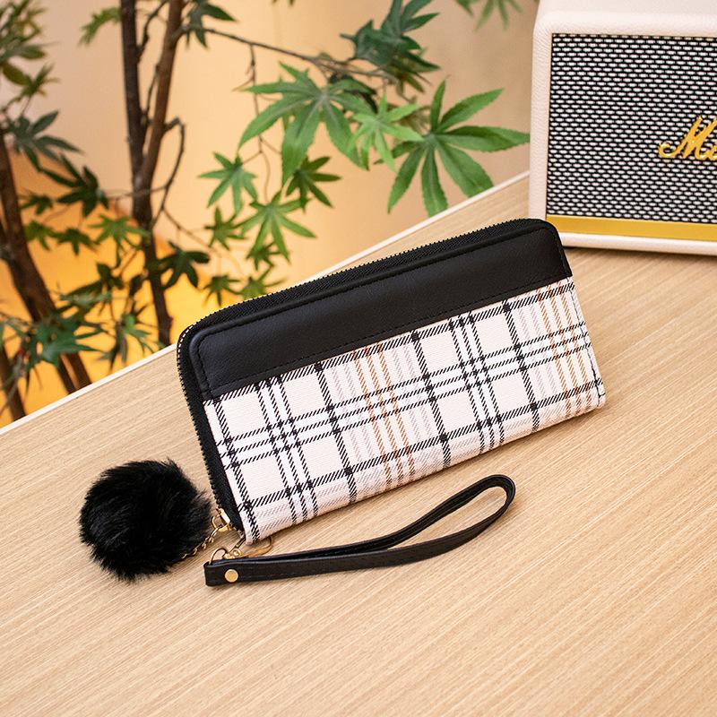 Women's Long Wallet Autumn and Winter New White Plaid Clutch Bag Color Scheme Single Hair Ball Change Bag One Piece Hair