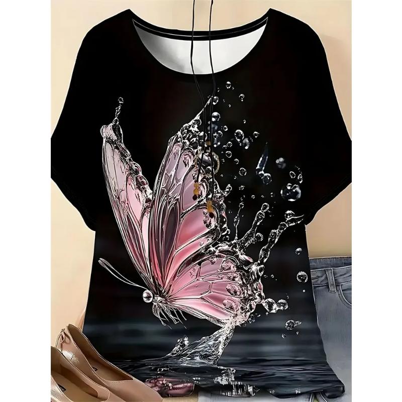 Fashion Women's Clothing Flower Short Sleeve Comfortable Short Sleeve Simple Crew Neck T-Shirt Crew Neck Short Sleeve 2D Flower Color Printing