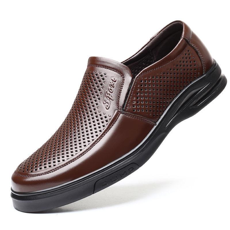 [2025] Hollow Cool Leather Shoes Soft Sole Soft Surface Hole Shoes Breathable Casual Business Leather Sandals Dad Shoes