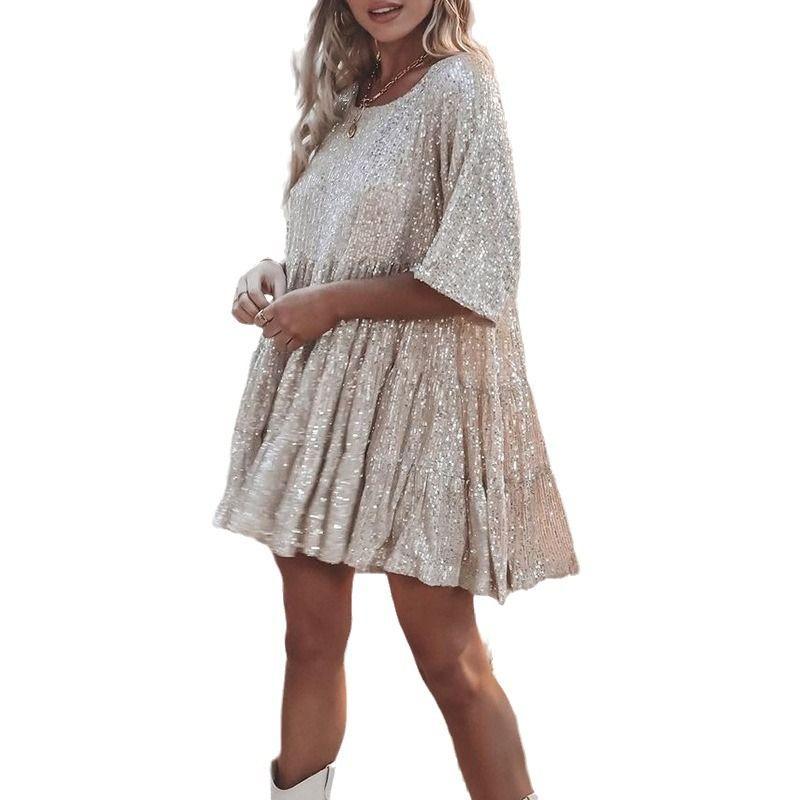Solid Color Fashion round Neck Loose Waist Short Sleeve Cake Sequin