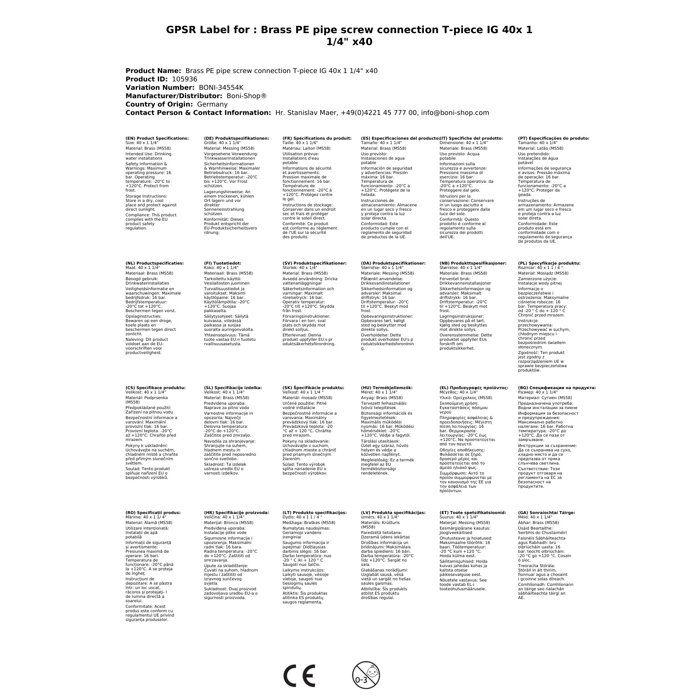 Raccord PE Laiton en T 40mm, Filetage Intérieur, Eau Potable