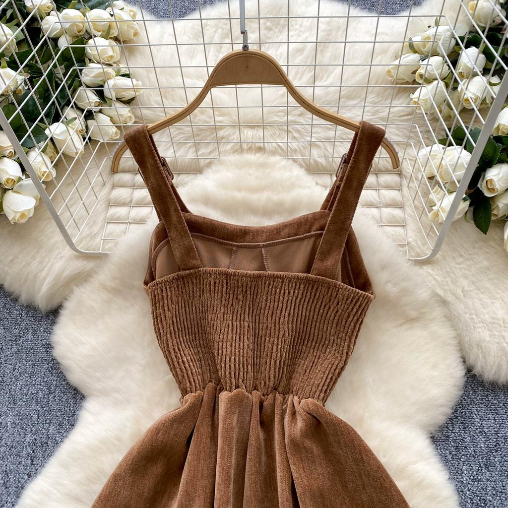 Toamnă Iarnă Anglia Stil Vintage Femei Rochii Midi Lungi din Catifea Cord cu Bretele Spaghetti