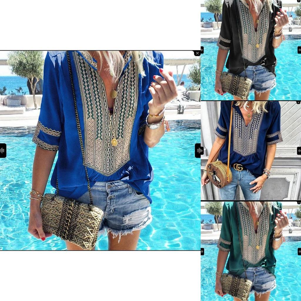 Stunning Womens Vintage Striped V Neck Loose Shirt Tops Half Sleeve Boho Blouse Plus Size