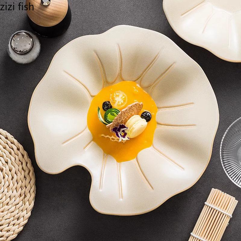 Light Yellow Lotus Leaf Shaped Ceramic Deep Plate Irregular Salad Plate Dessert Thick Soup Plate Restaurant Creative Tableware