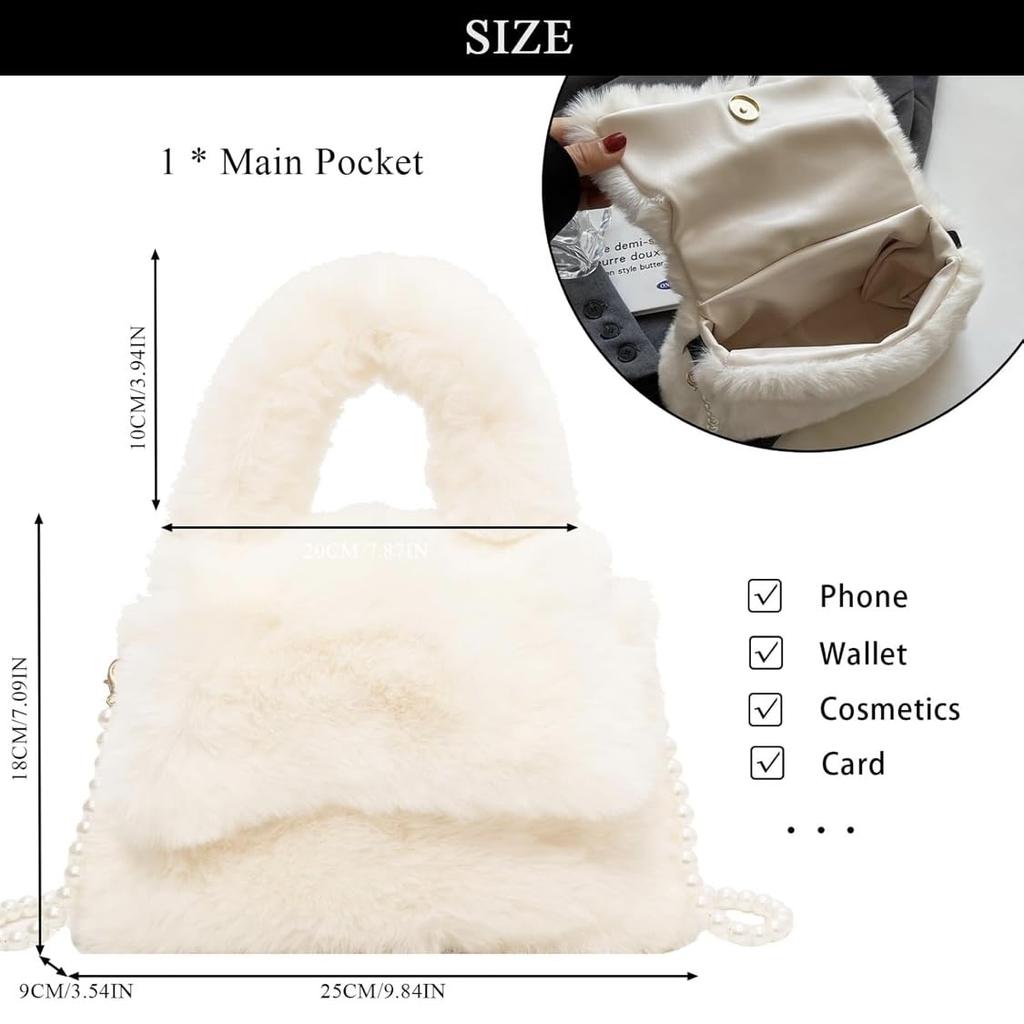 Fluffy faux fur handbag with pearl strap, white tote bag, elegant design, cute, perfect for women, weddings