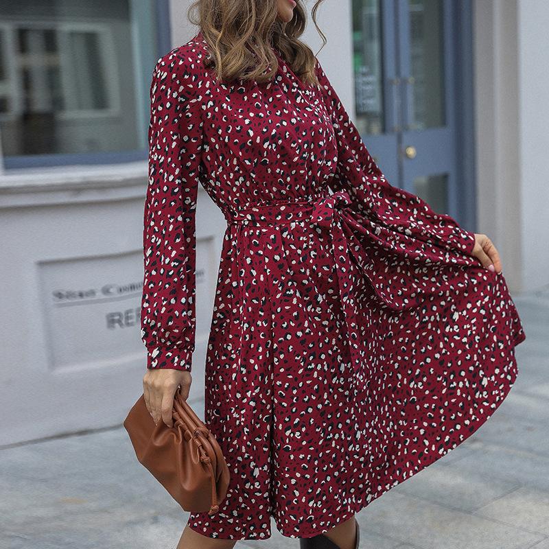 

GMXIA Женская мода лето весна цветочный принт длинный рукав полуводолазка высокая талия повседневные платья L красный