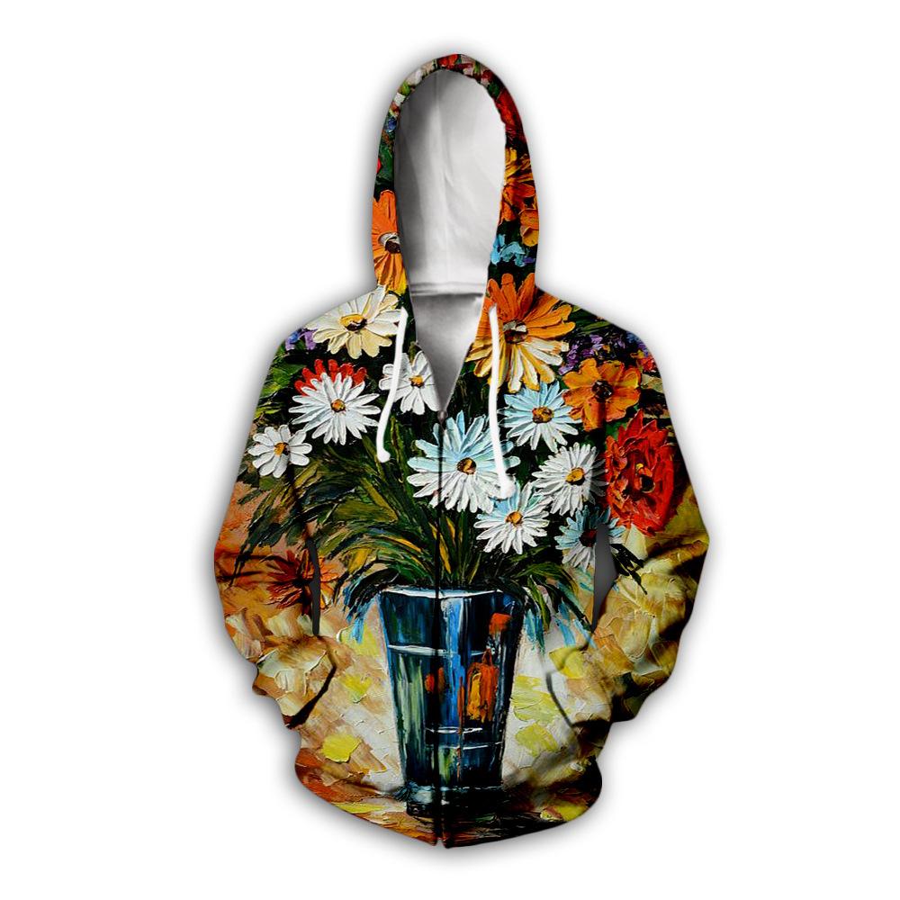 Çiçekli Desenli 3D Baskılı Fermuarlı Kapüşonlular Erkek Sonbahar Kapüşonlu Sweatshirtler Oversize Sokak Giyim Eşofman Takımı Mont Erkek Giyim