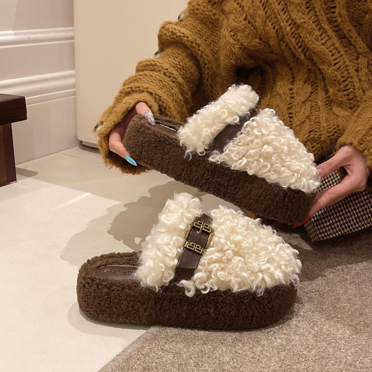 

Thick-bottomed bag head Mao Mao slippers 2025 autumn and winter new Korean version fashion fairy wind wear women s cotton slippers woman 40 бежевый