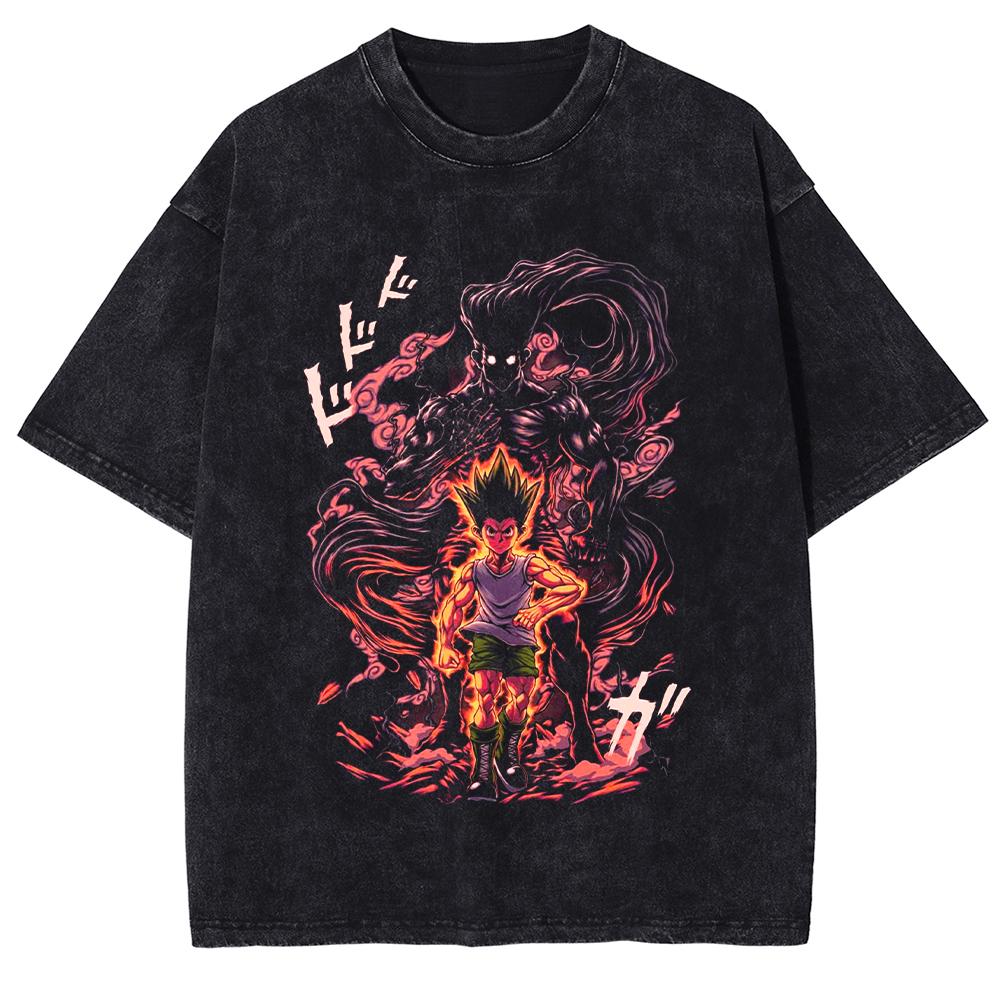 Fashion Streetwear Men Vintage Washed Black T-shirt Anime Graphic Print T-shirt Harajuku Summer Short Sleeved Cotton Tee