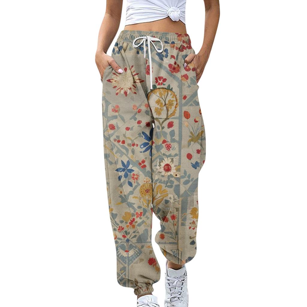 Women's Sports Pants With Pockets Fashion Floral Print Elastic Waist Pants Casual Sweatpants Pants